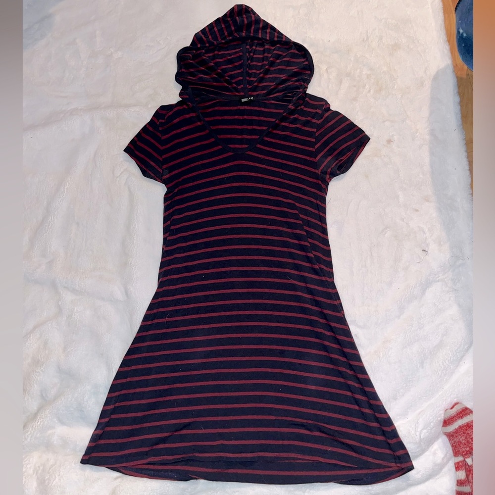 Navy and Red Short Sleeve Hoodie Dress